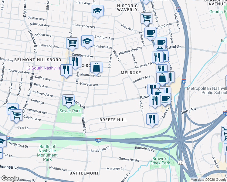 map of restaurants, bars, coffee shops, grocery stores, and more near 810A Knox Avenue in Nashville