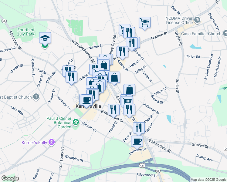 map of restaurants, bars, coffee shops, grocery stores, and more near North Carolina 66 in Kernersville