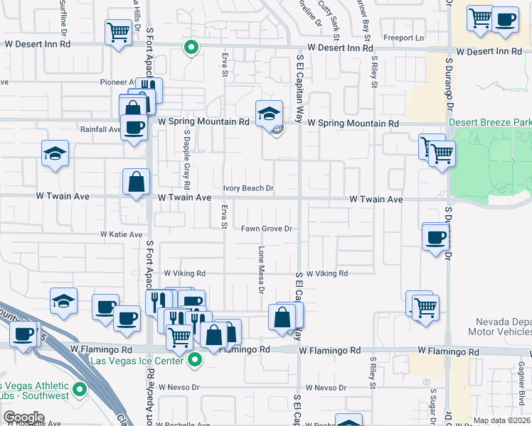 map of restaurants, bars, coffee shops, grocery stores, and more near 3742 Lone Mesa Drive in Las Vegas