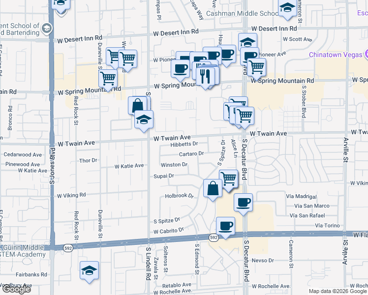 map of restaurants, bars, coffee shops, grocery stores, and more near 5273 Hibbetts Drive in Las Vegas