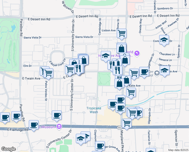 map of restaurants, bars, coffee shops, grocery stores, and more near 905 East Twain Avenue in Las Vegas