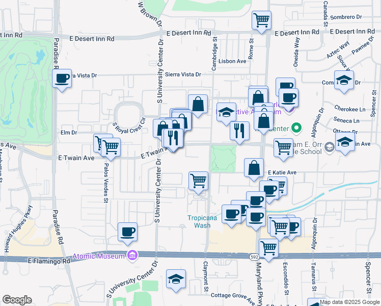 map of restaurants, bars, coffee shops, grocery stores, and more near 905 East Twain Avenue in Las Vegas