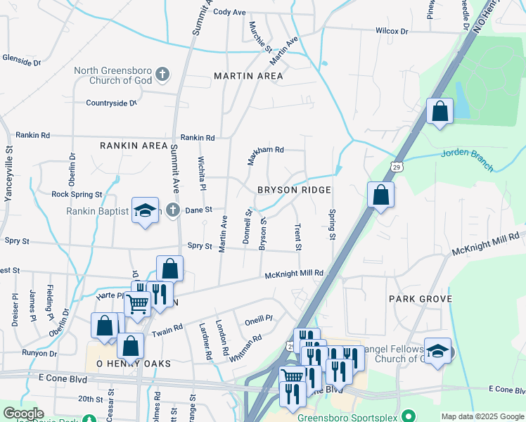 map of restaurants, bars, coffee shops, grocery stores, and more near 3405 Bryson Street in Greensboro