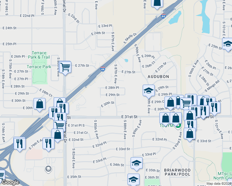 map of restaurants, bars, coffee shops, grocery stores, and more near 8641 East 29th Street in Tulsa