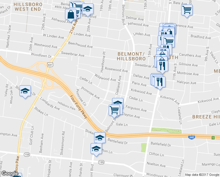 map of restaurants, bars, coffee shops, grocery stores, and more near 1708 Cedar Lane in Nashville