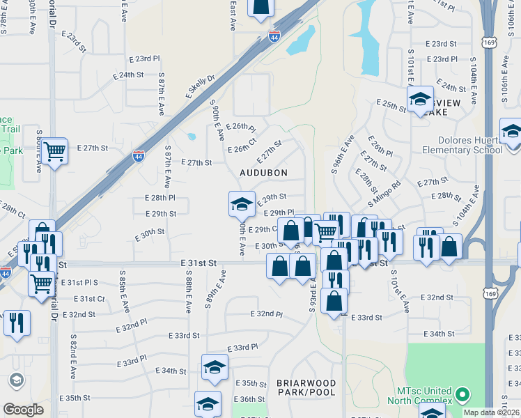 map of restaurants, bars, coffee shops, grocery stores, and more near 9011 East 29th Place in Tulsa