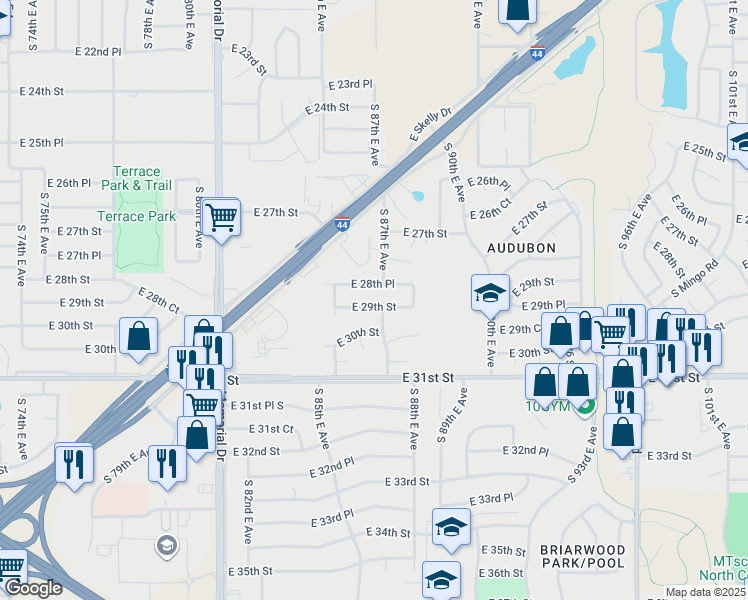 map of restaurants, bars, coffee shops, grocery stores, and more near 8641 East 29th Street in Tulsa