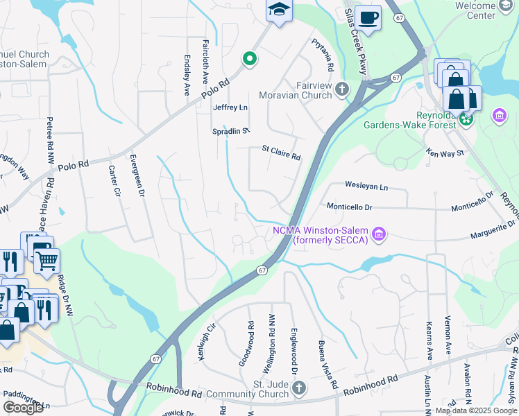 map of restaurants, bars, coffee shops, grocery stores, and more near 2785 Saint George Road in Winston-Salem
