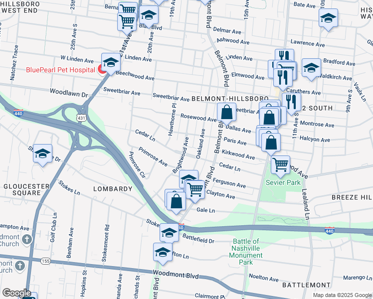 map of restaurants, bars, coffee shops, grocery stores, and more near 1708 Cedar Lane in Nashville