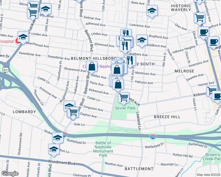 map of restaurants, bars, coffee shops, grocery stores, and more near 1209 Paris Avenue in Nashville