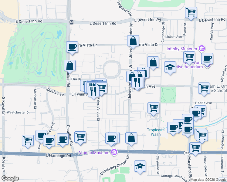 map of restaurants, bars, coffee shops, grocery stores, and more near 3740 Royal Crest Street in Las Vegas