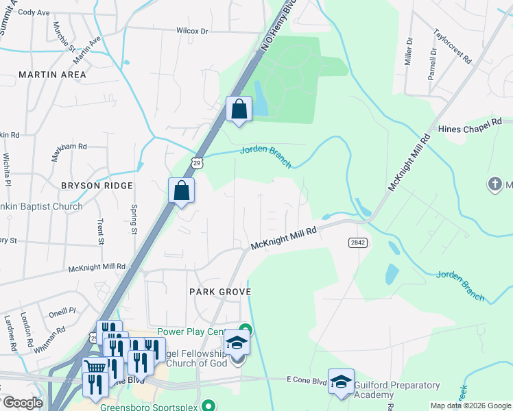 map of restaurants, bars, coffee shops, grocery stores, and more near 3808 McKnight Mill Road in Greensboro