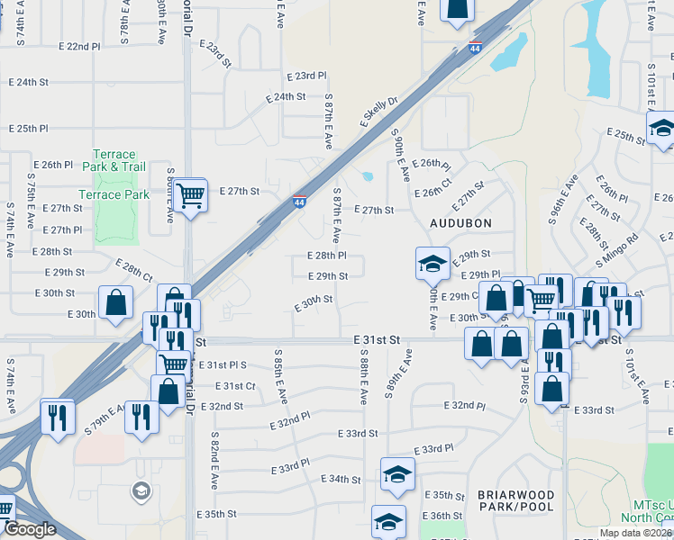 map of restaurants, bars, coffee shops, grocery stores, and more near 8641 East 29th Street in Tulsa