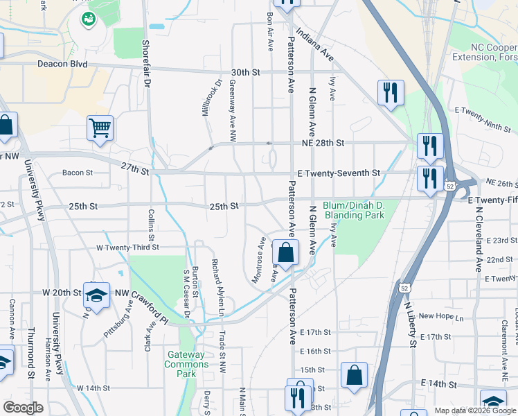 map of restaurants, bars, coffee shops, grocery stores, and more near 116 Northeast 25th Street in Winston-Salem