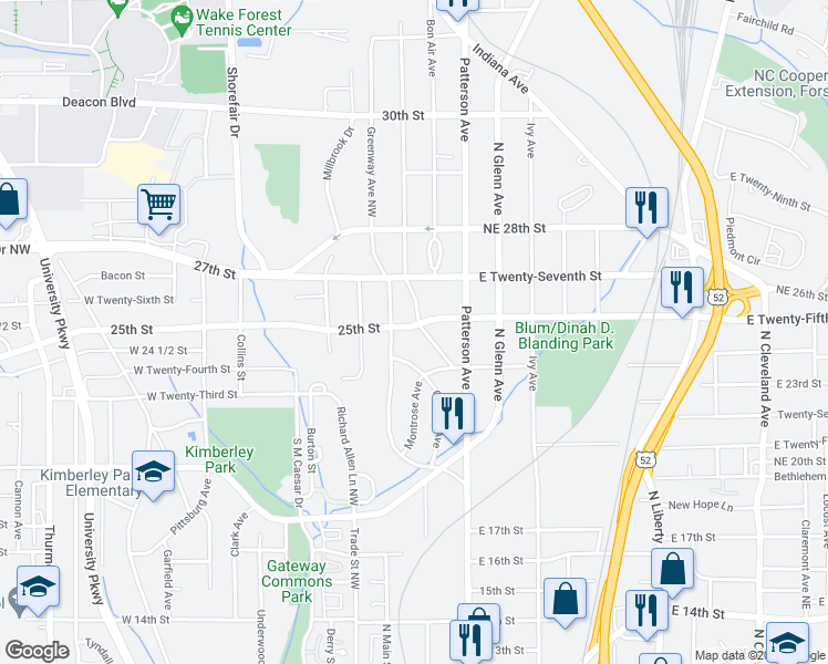 map of restaurants, bars, coffee shops, grocery stores, and more near 2440 Gilmer Avenue Northeast in Winston-Salem