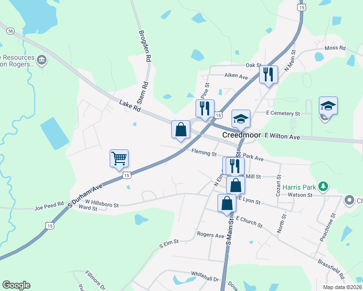map of restaurants, bars, coffee shops, grocery stores, and more near 501 North Durham Avenue in Creedmoor