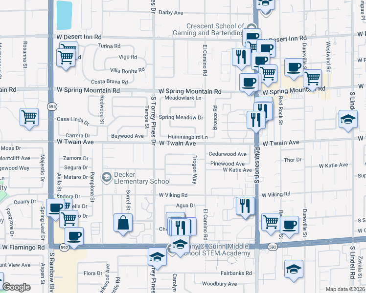 map of restaurants, bars, coffee shops, grocery stores, and more near 6389 West Twain Avenue in Las Vegas