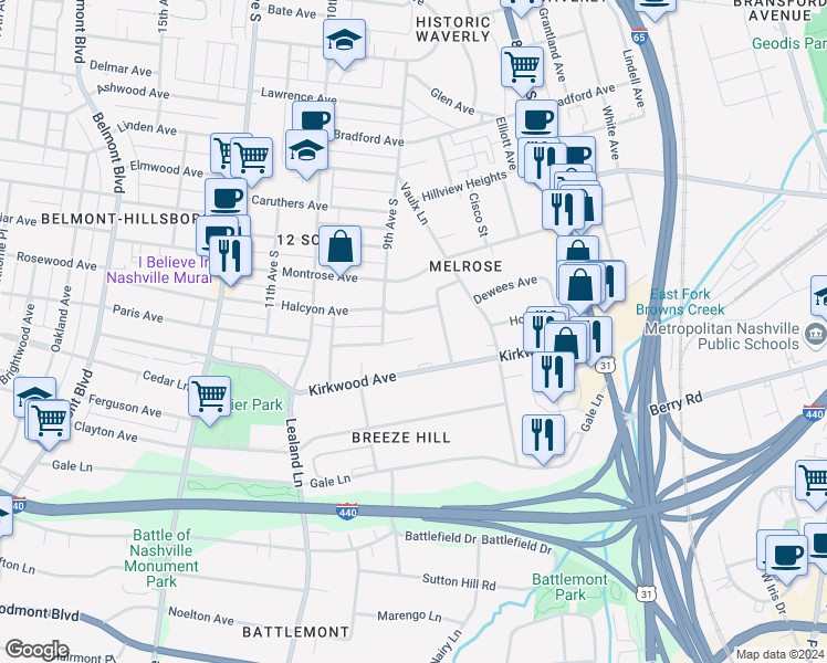 map of restaurants, bars, coffee shops, grocery stores, and more near 810A Knox Avenue in Nashville