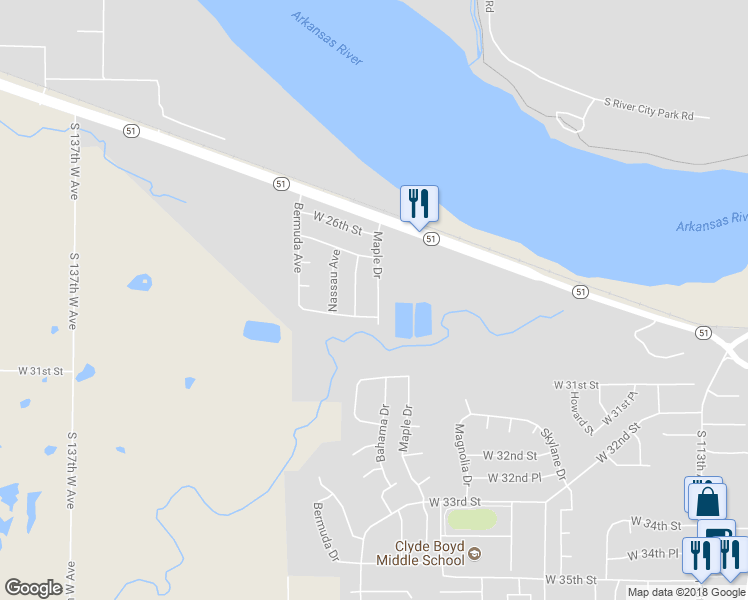 map of restaurants, bars, coffee shops, grocery stores, and more near 2804 Maple Drive in Sand Springs