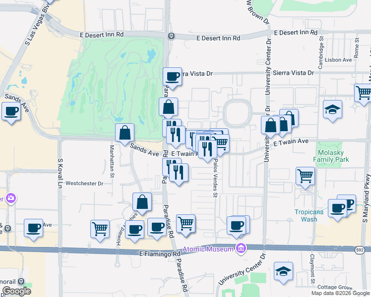 map of restaurants, bars, coffee shops, grocery stores, and more near 450 East Twain Avenue in Las Vegas