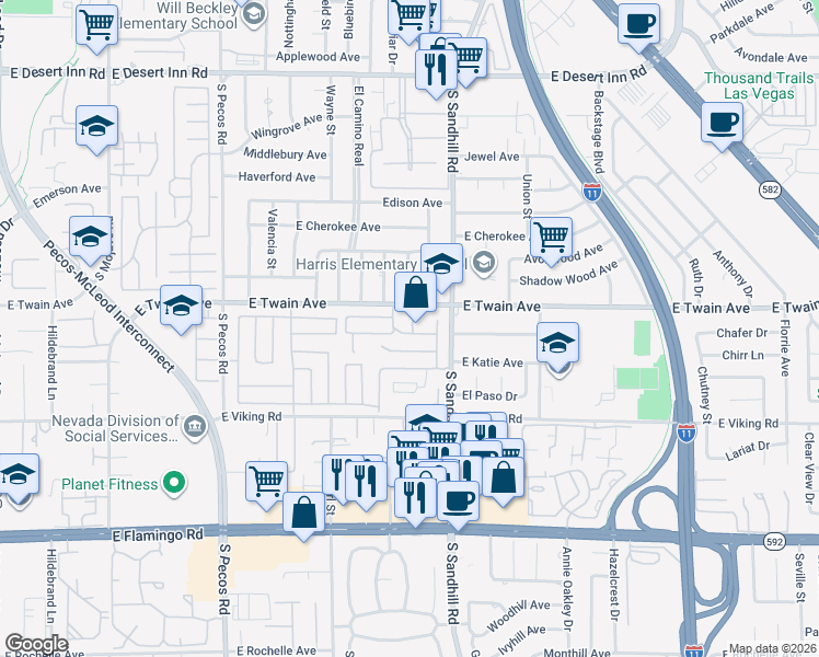 map of restaurants, bars, coffee shops, grocery stores, and more near 3736 Colonial Drive in Las Vegas