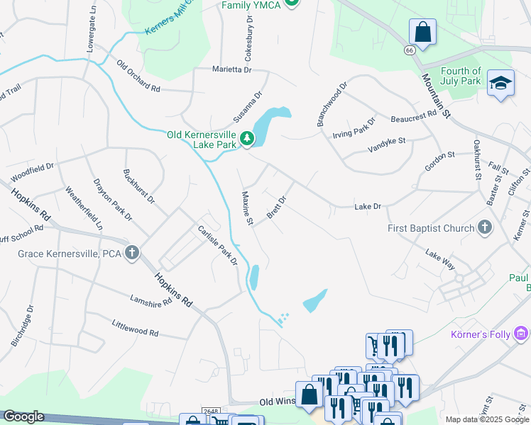 map of restaurants, bars, coffee shops, grocery stores, and more near 520 Brett Drive in Kernersville