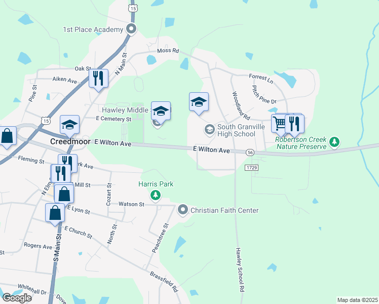 map of restaurants, bars, coffee shops, grocery stores, and more near 406 East Wilton Avenue in Creedmoor