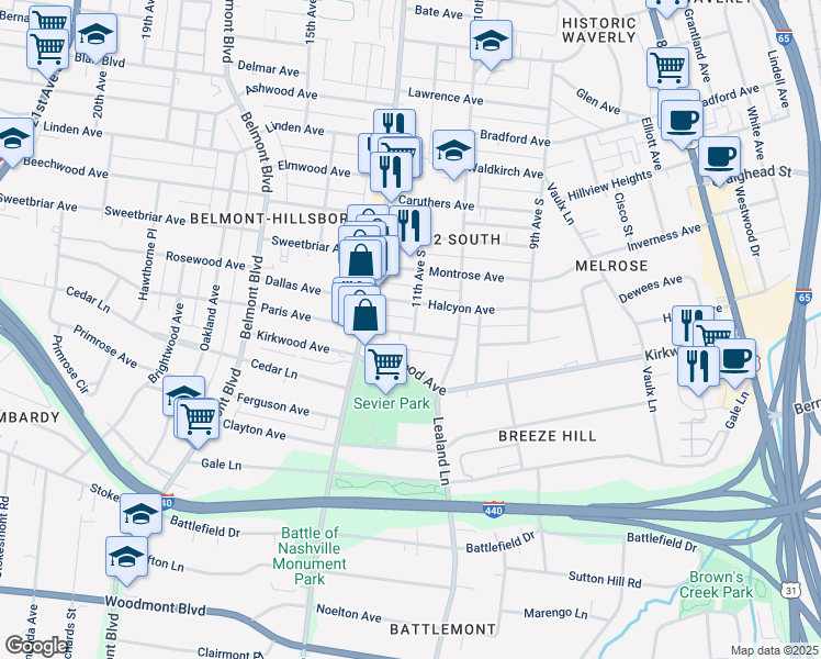 map of restaurants, bars, coffee shops, grocery stores, and more near 1100 Paris Avenue in Nashville