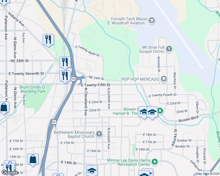 map of restaurants, bars, coffee shops, grocery stores, and more near 2416 North Dunleith Avenue in Winston-Salem