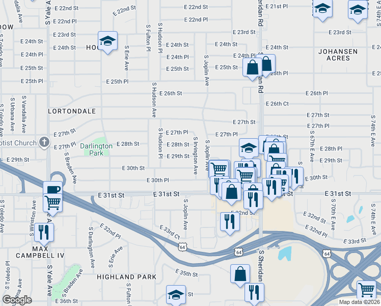 map of restaurants, bars, coffee shops, grocery stores, and more near 2817 South Irvington Avenue in Tulsa