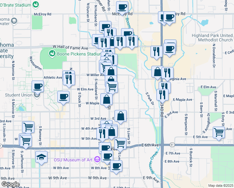 map of restaurants, bars, coffee shops, grocery stores, and more near 112 South Lewis Street in Stillwater