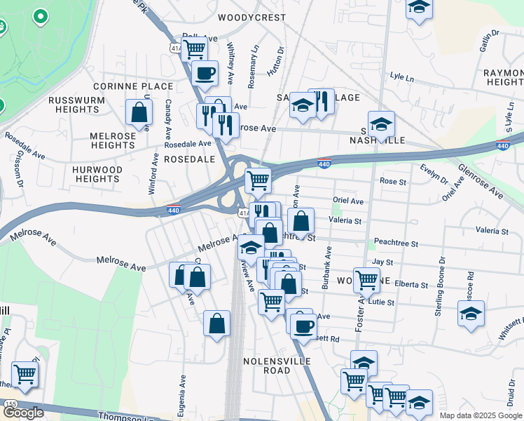 map of restaurants, bars, coffee shops, grocery stores, and more near 348B Valeria Street in Nashville