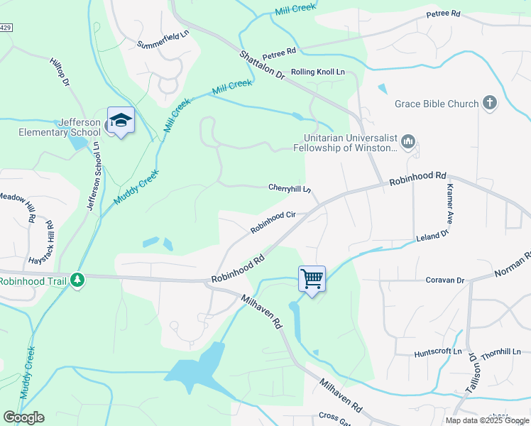 map of restaurants, bars, coffee shops, grocery stores, and more near 29 Robinhood Circle in Winston-Salem
