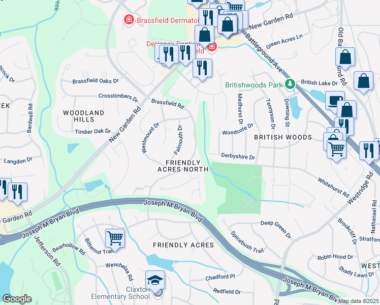 map of restaurants, bars, coffee shops, grocery stores, and more near 2005 Brassfield Road in Greensboro
