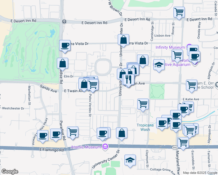 map of restaurants, bars, coffee shops, grocery stores, and more near 728 East Twain Avenue in Las Vegas