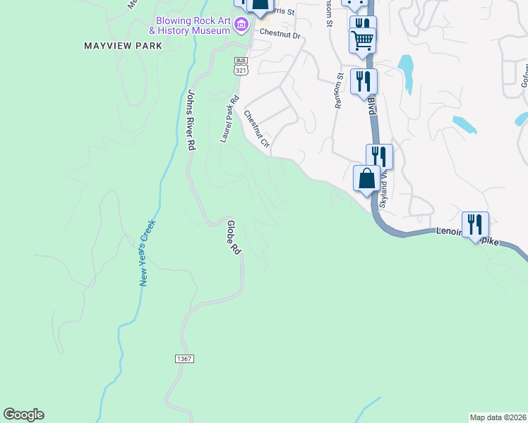 map of restaurants, bars, coffee shops, grocery stores, and more near 388 Dogwood Lane in Blowing Rock