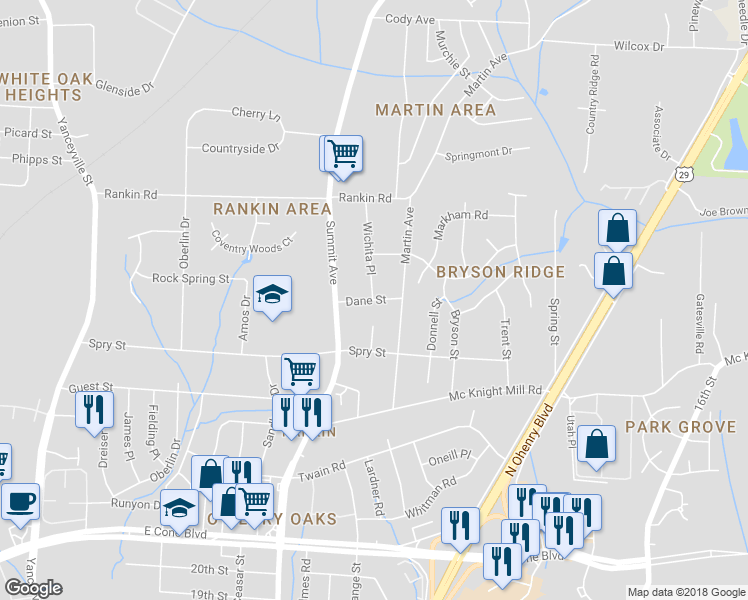 map of restaurants, bars, coffee shops, grocery stores, and more near 1653 Dane Street in Greensboro