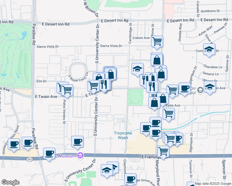 map of restaurants, bars, coffee shops, grocery stores, and more near 905 East Twain Avenue in Las Vegas