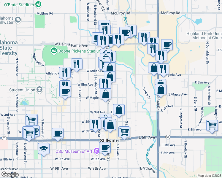 map of restaurants, bars, coffee shops, grocery stores, and more near 112 South Lewis Street in Stillwater