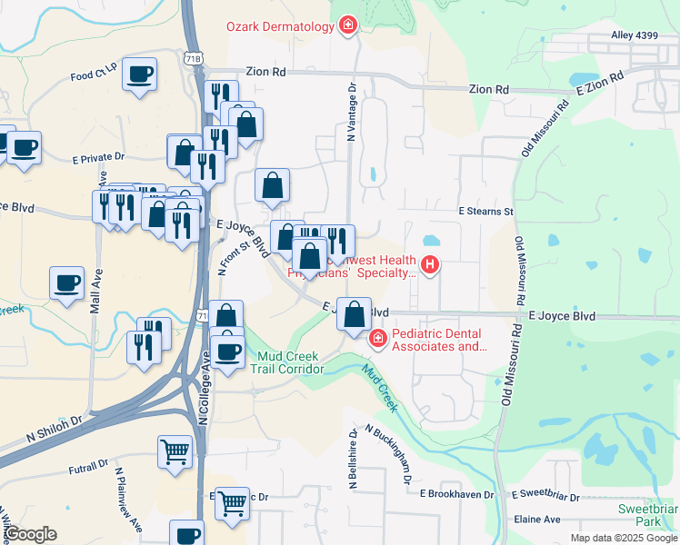 map of restaurants, bars, coffee shops, grocery stores, and more near 1460 East Augustine Lane in Fayetteville
