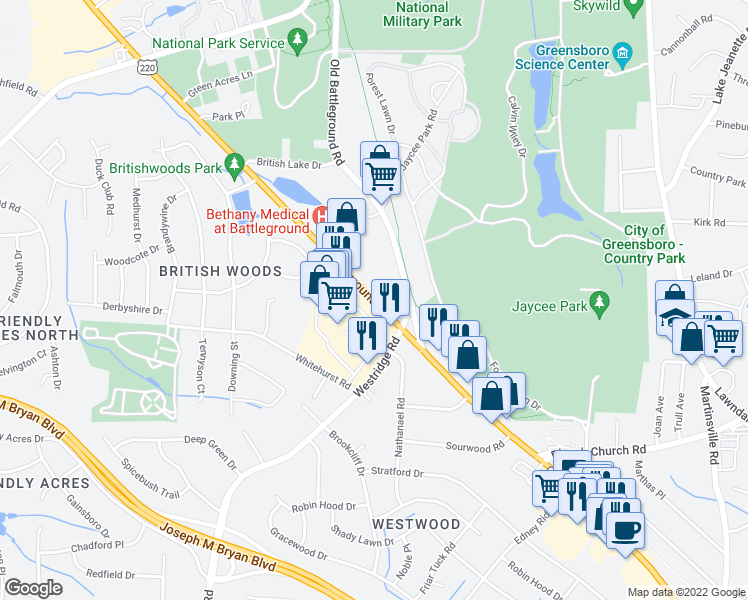 map of restaurants, bars, coffee shops, grocery stores, and more near Battleground Avenue in Greensboro