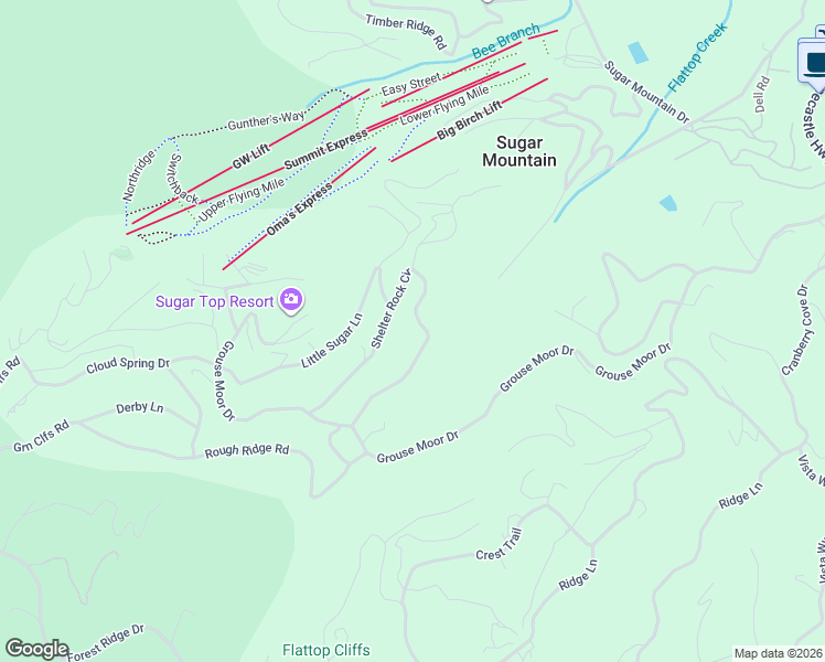 map of restaurants, bars, coffee shops, grocery stores, and more near 345 Shelter Rock Circle in Sugar Mountain
