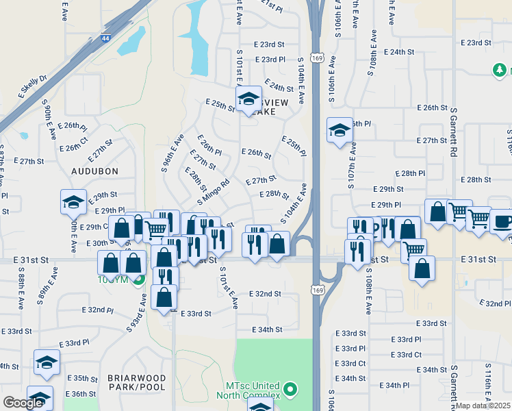 map of restaurants, bars, coffee shops, grocery stores, and more near 2811 South 101st East Avenue in Tulsa