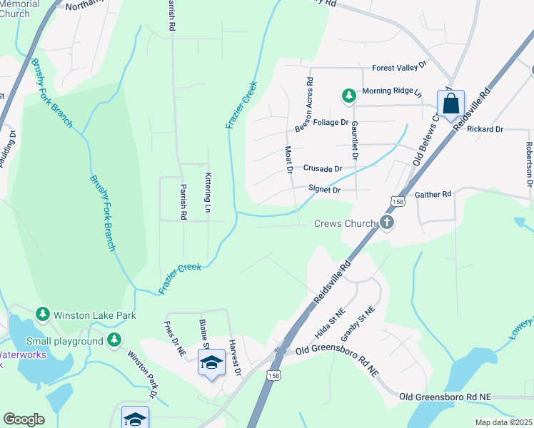 map of restaurants, bars, coffee shops, grocery stores, and more near 3632 Signet Drive in Winston-Salem
