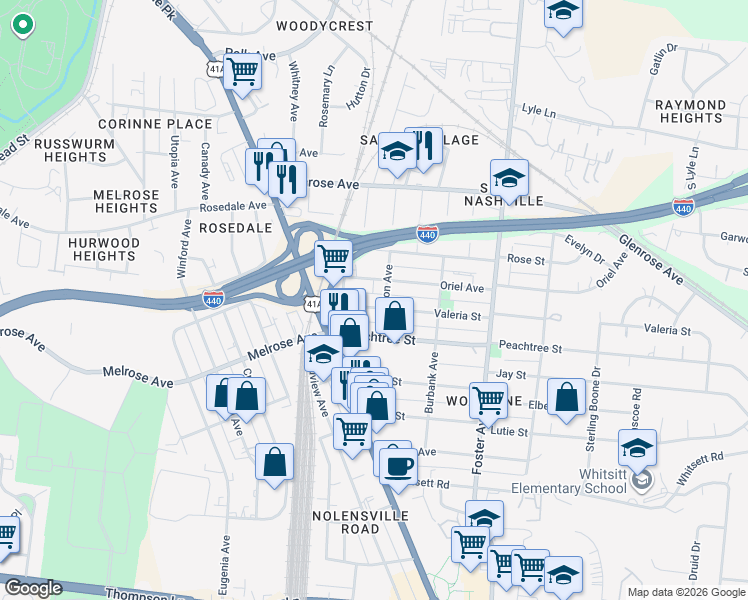 map of restaurants, bars, coffee shops, grocery stores, and more near 330 Valeria Street in Nashville