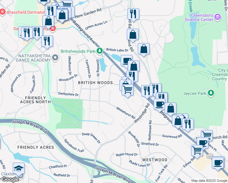 map of restaurants, bars, coffee shops, grocery stores, and more near 3420 Whitehurst Road in Greensboro