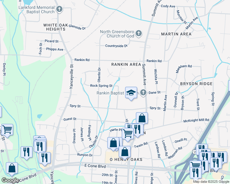 map of restaurants, bars, coffee shops, grocery stores, and more near 3315 Amos Drive in Greensboro