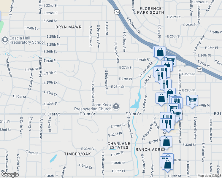 map of restaurants, bars, coffee shops, grocery stores, and more near 2827 East 29th Street in Tulsa