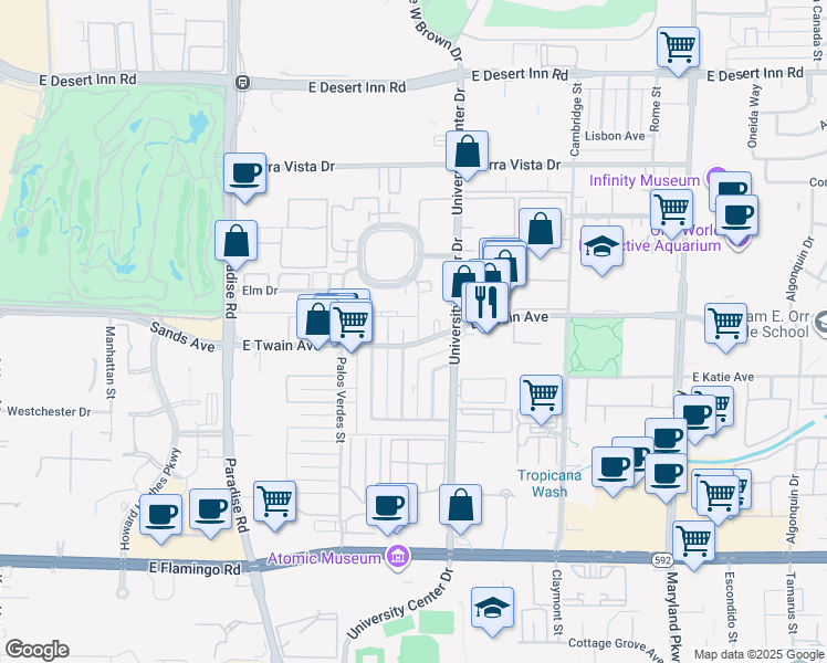 map of restaurants, bars, coffee shops, grocery stores, and more near 728 East Twain Avenue in Las Vegas