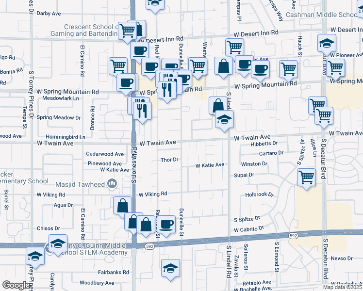 map of restaurants, bars, coffee shops, grocery stores, and more near 5818 Corazon Drive in Las Vegas